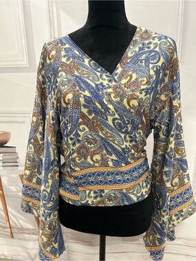 Paisley Wrap Blouse in Blue,Cream & Orange by Wayan OS